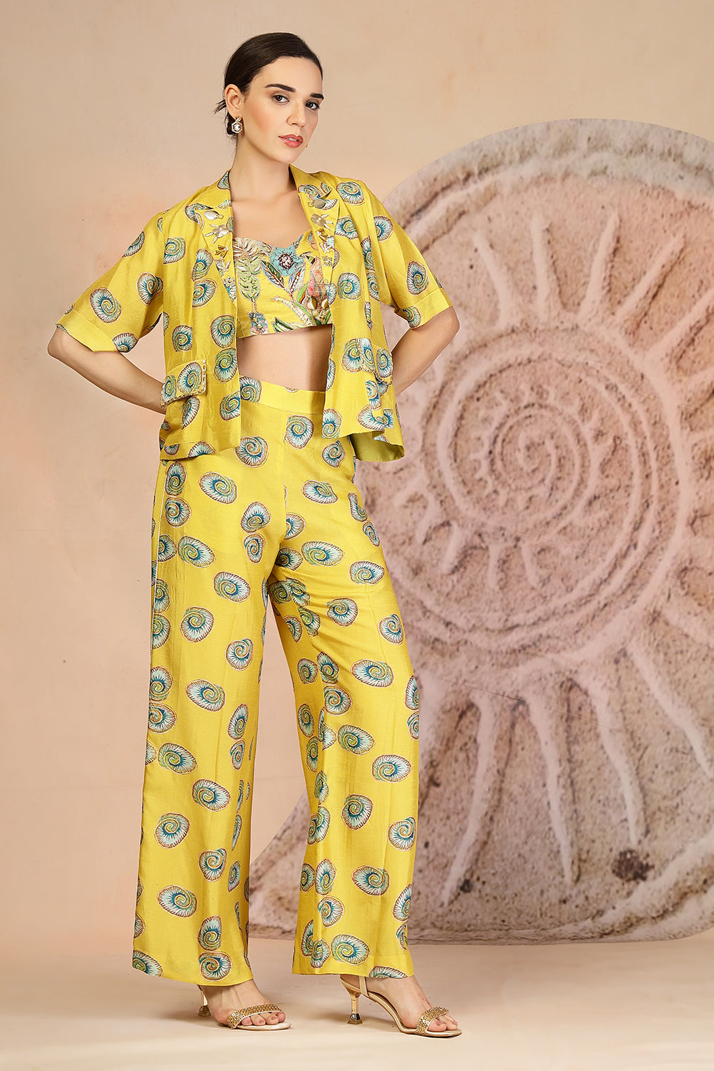 Vibrant Yellow 3-Piece Muslin Co-ord with Coral Print & Pearl Beadwork