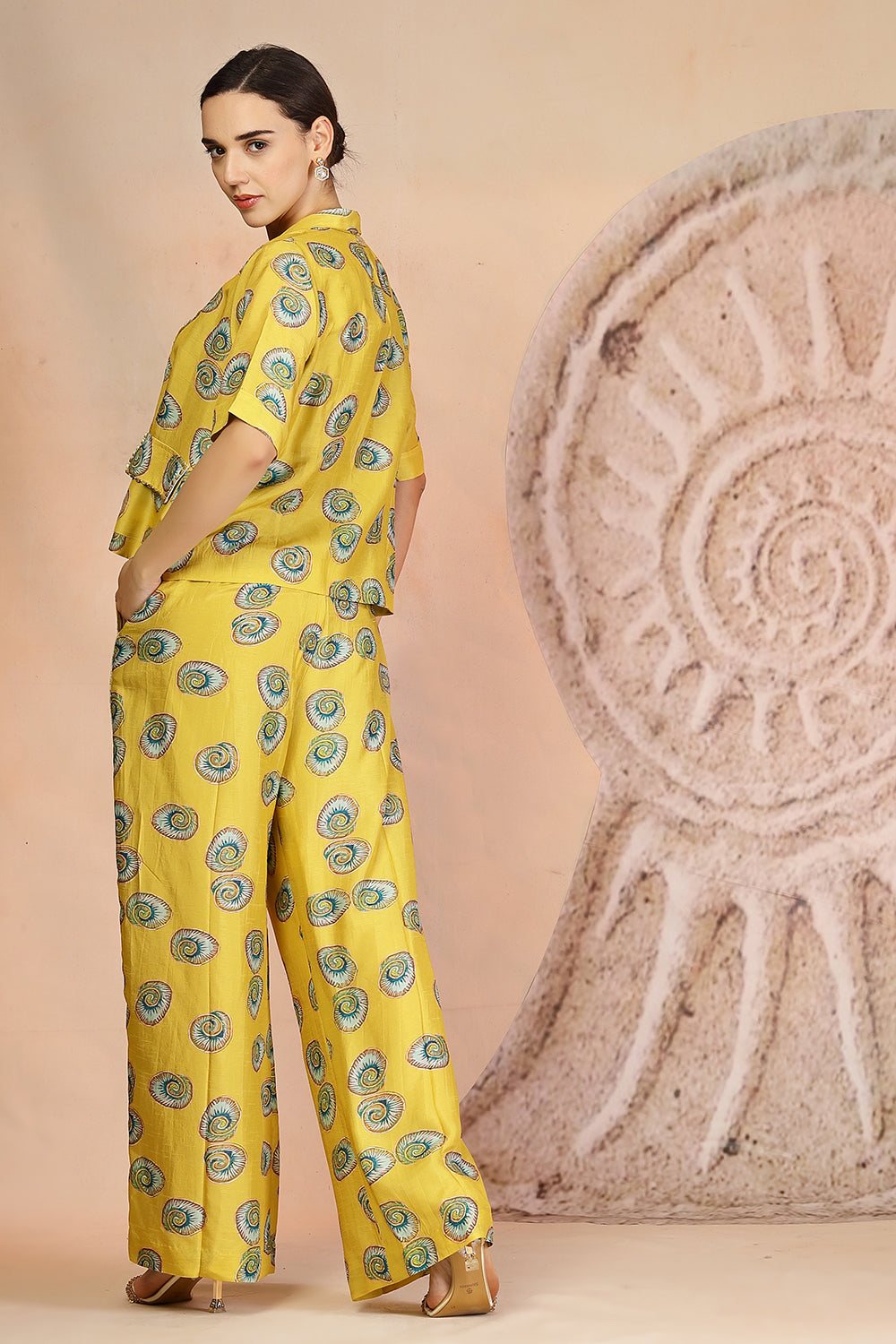 Vibrant Yellow 3-Piece Muslin Co-ord with Coral Print & Pearl Beadwork