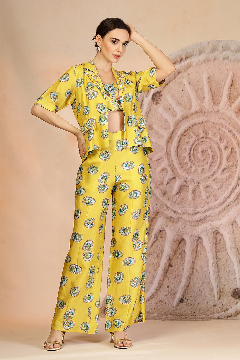 Vibrant Yellow 3-Piece Muslin Co-ord with Coral Print & Pearl Beadwork