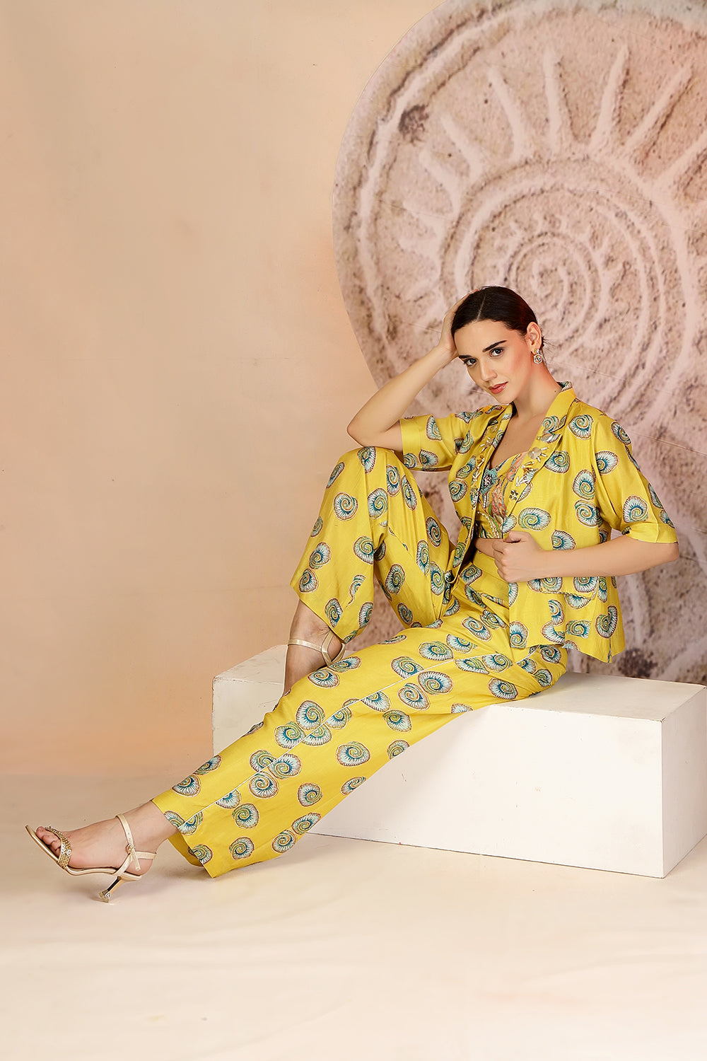 Vibrant Yellow 3-Piece Muslin Co-ord with Coral Print & Pearl Beadwork