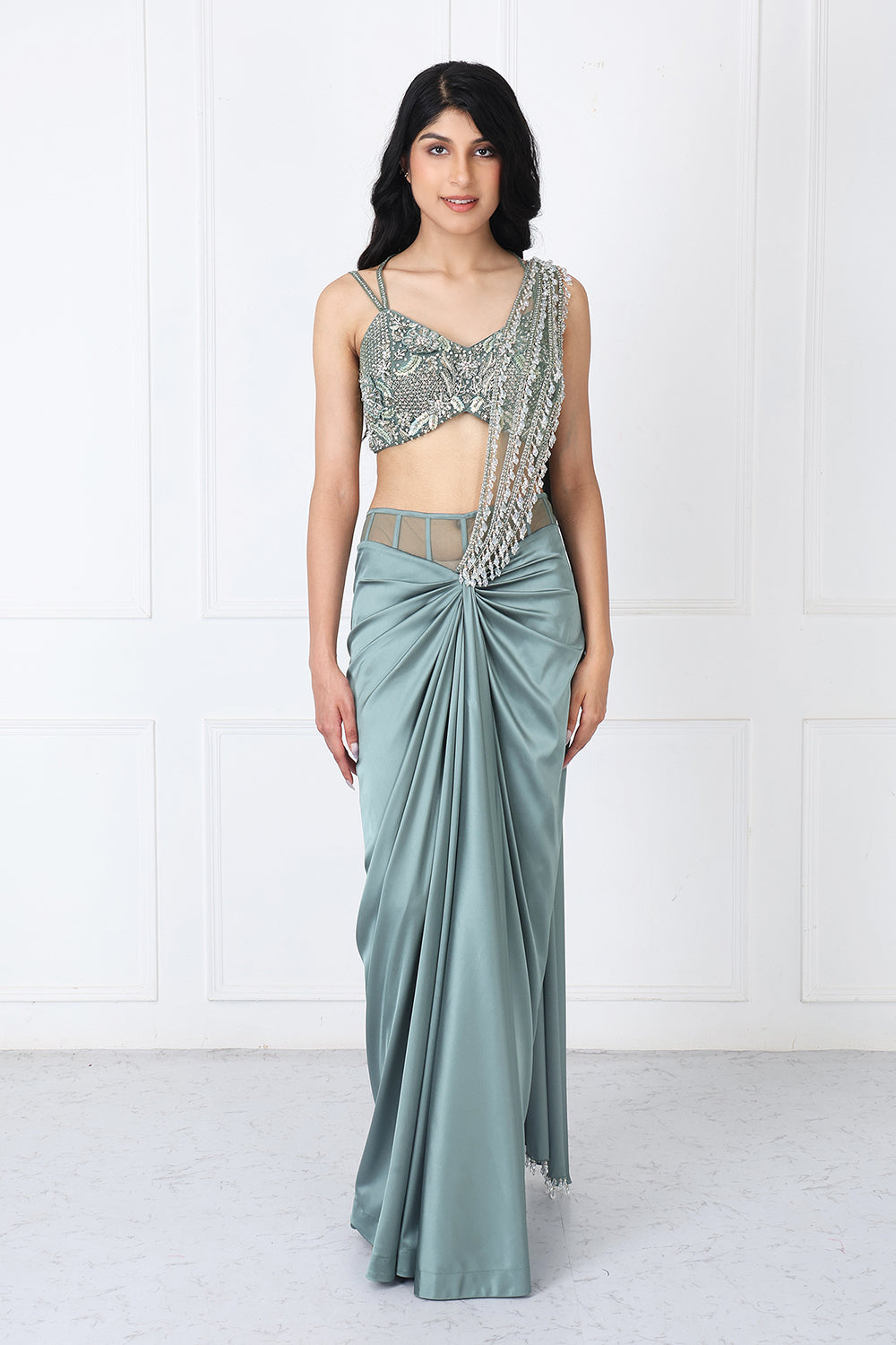 Viridian Green Drape Saree With Embroidered Blouse