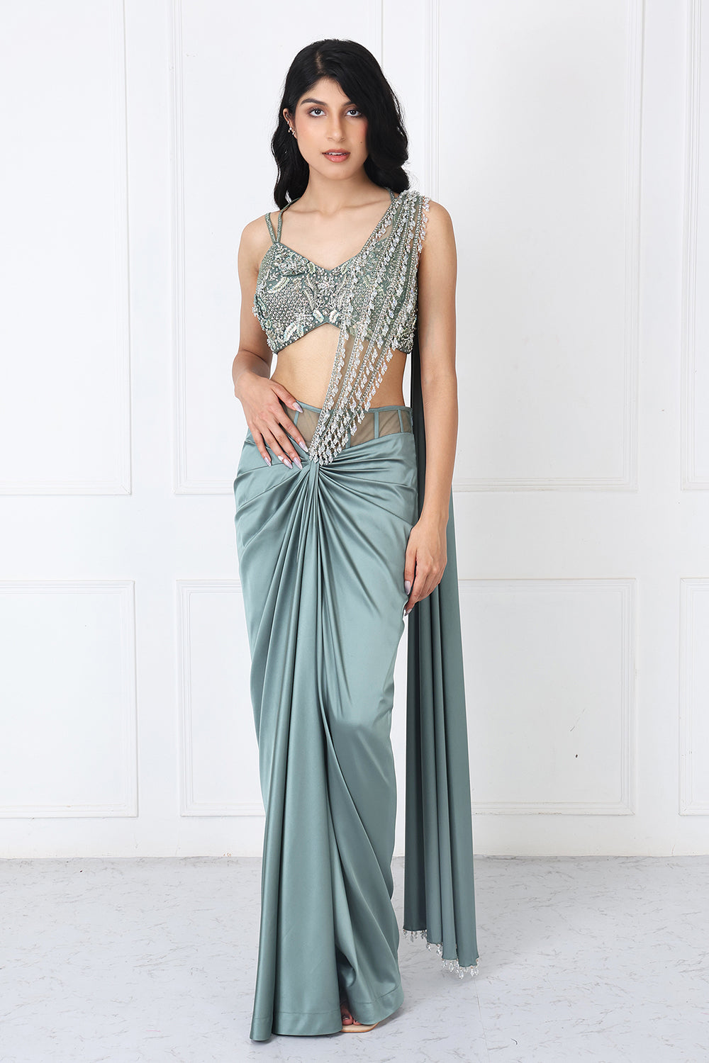Viridian Green Drape Saree With Embroidered Blouse