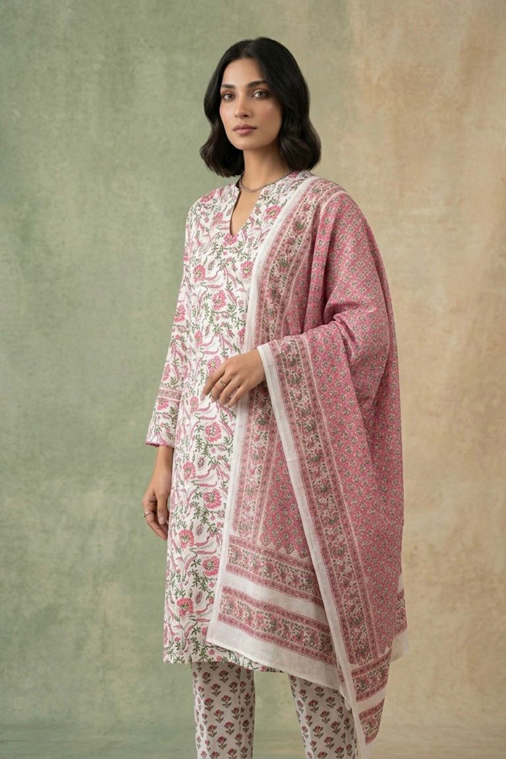 White allover block printed kurta along with contrast dupatta