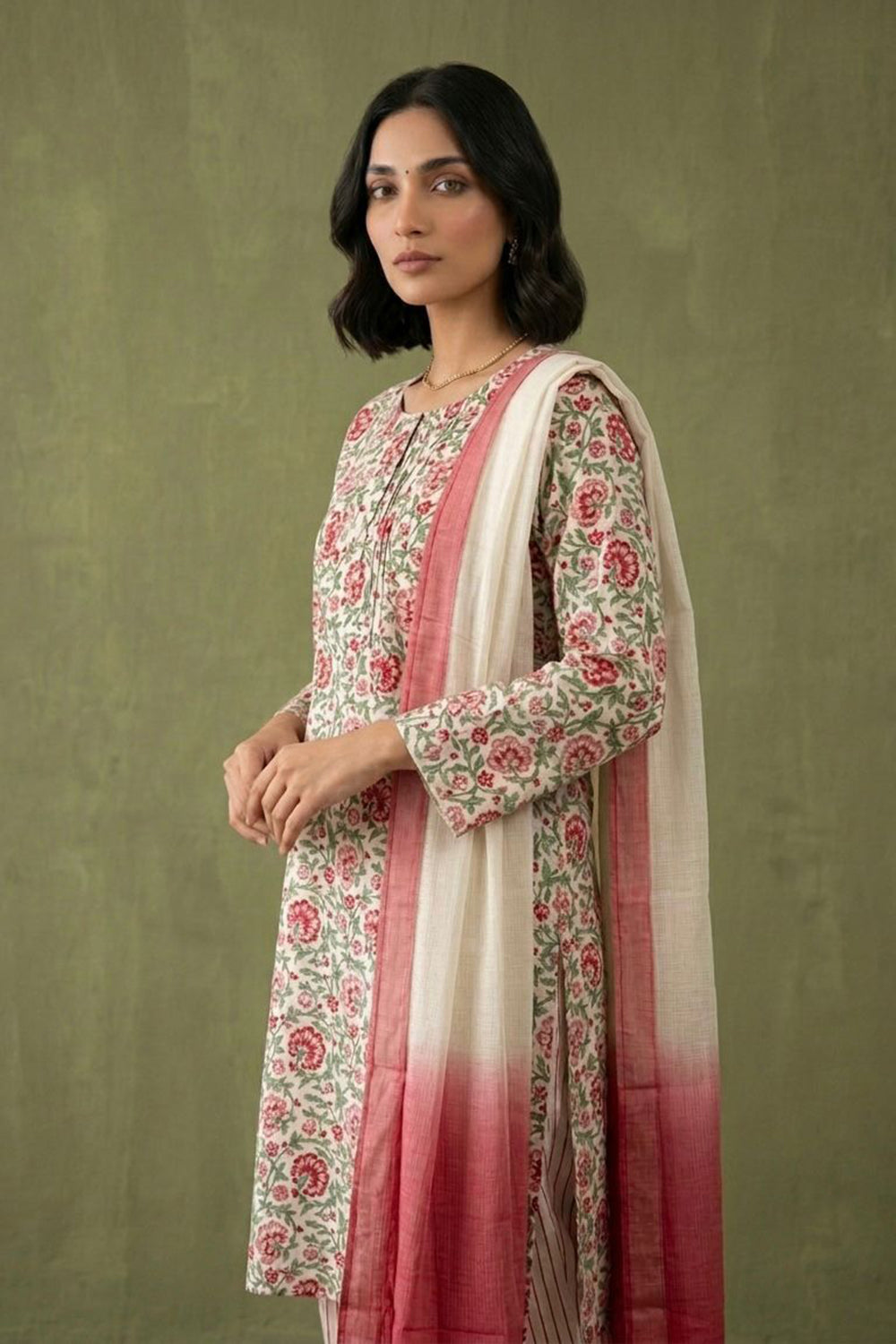 White allover block printed kurta paired with strips pants along with shaded duppata