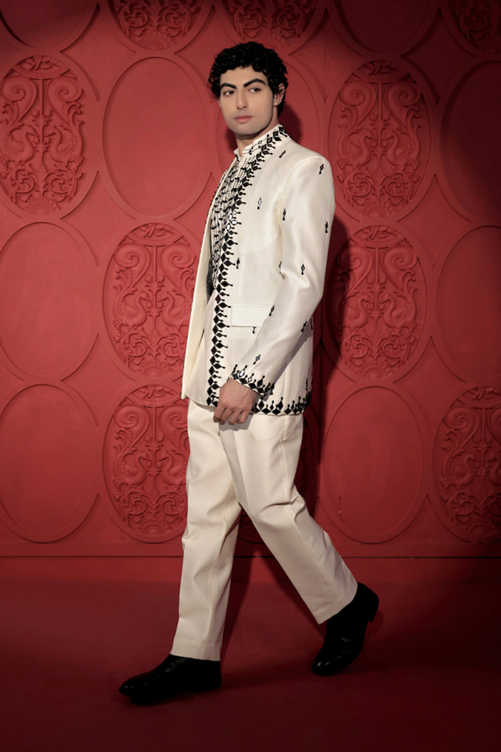 White and Black Mirror Work Jacket Set