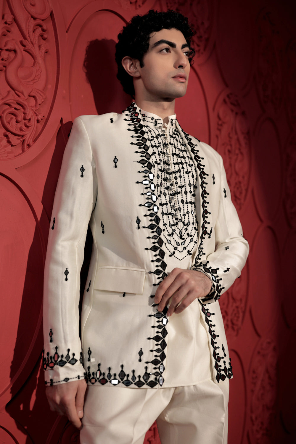 White and Black Mirror Work Jacket Set