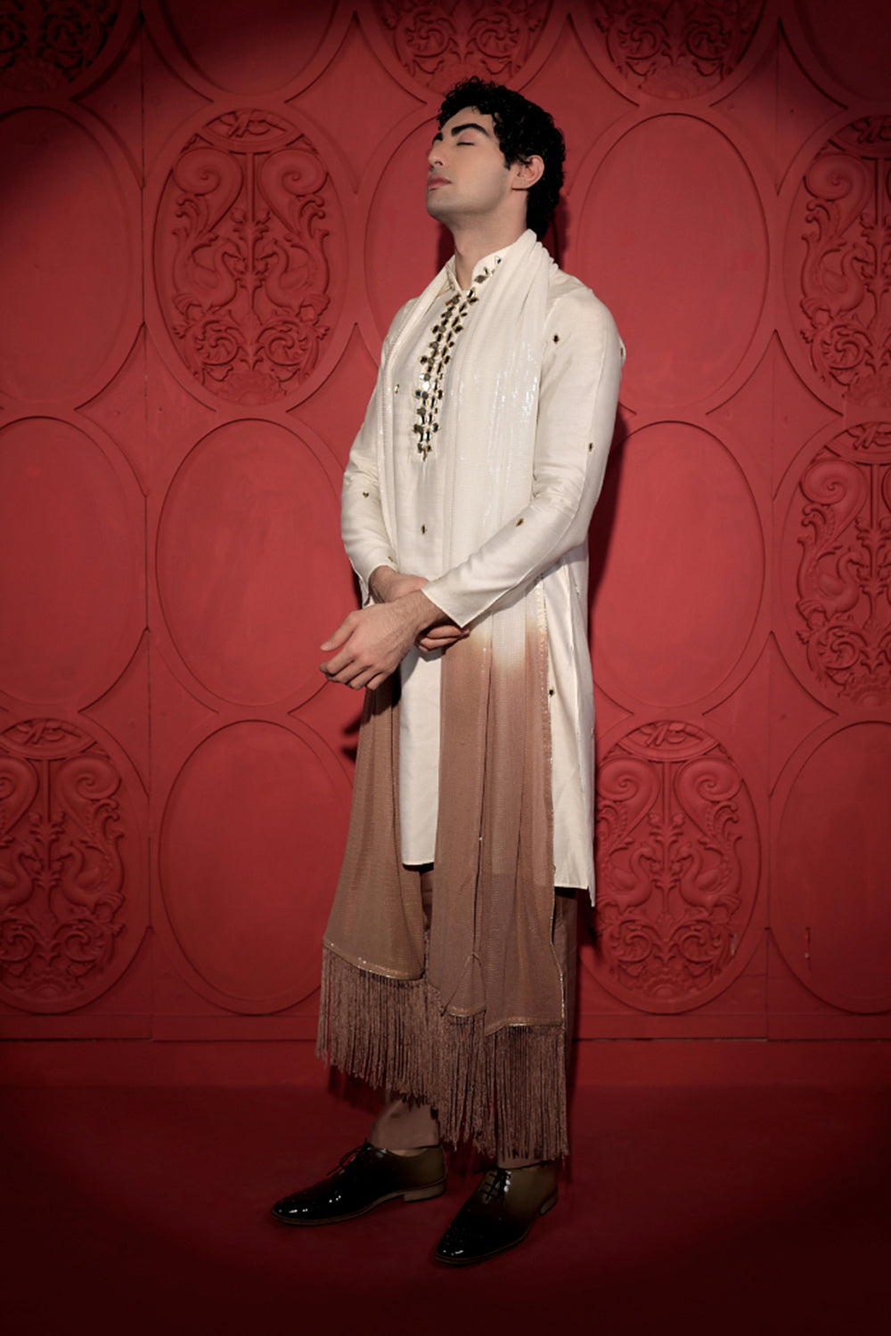 White and  Gold Mirror Work Kurta Set