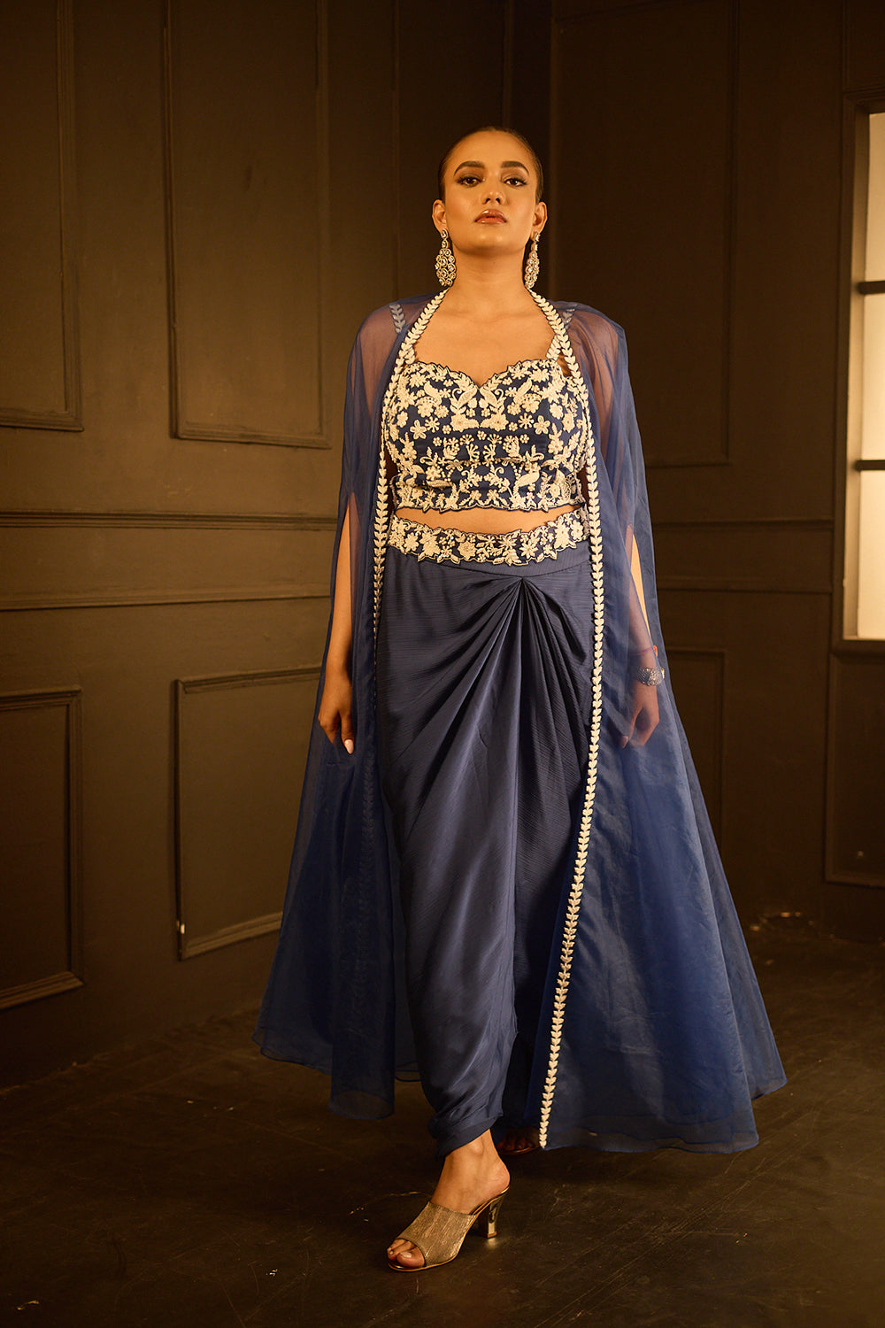 White Embellished Blue Chiffon Drape Skirt and Top Set With Organza Cape