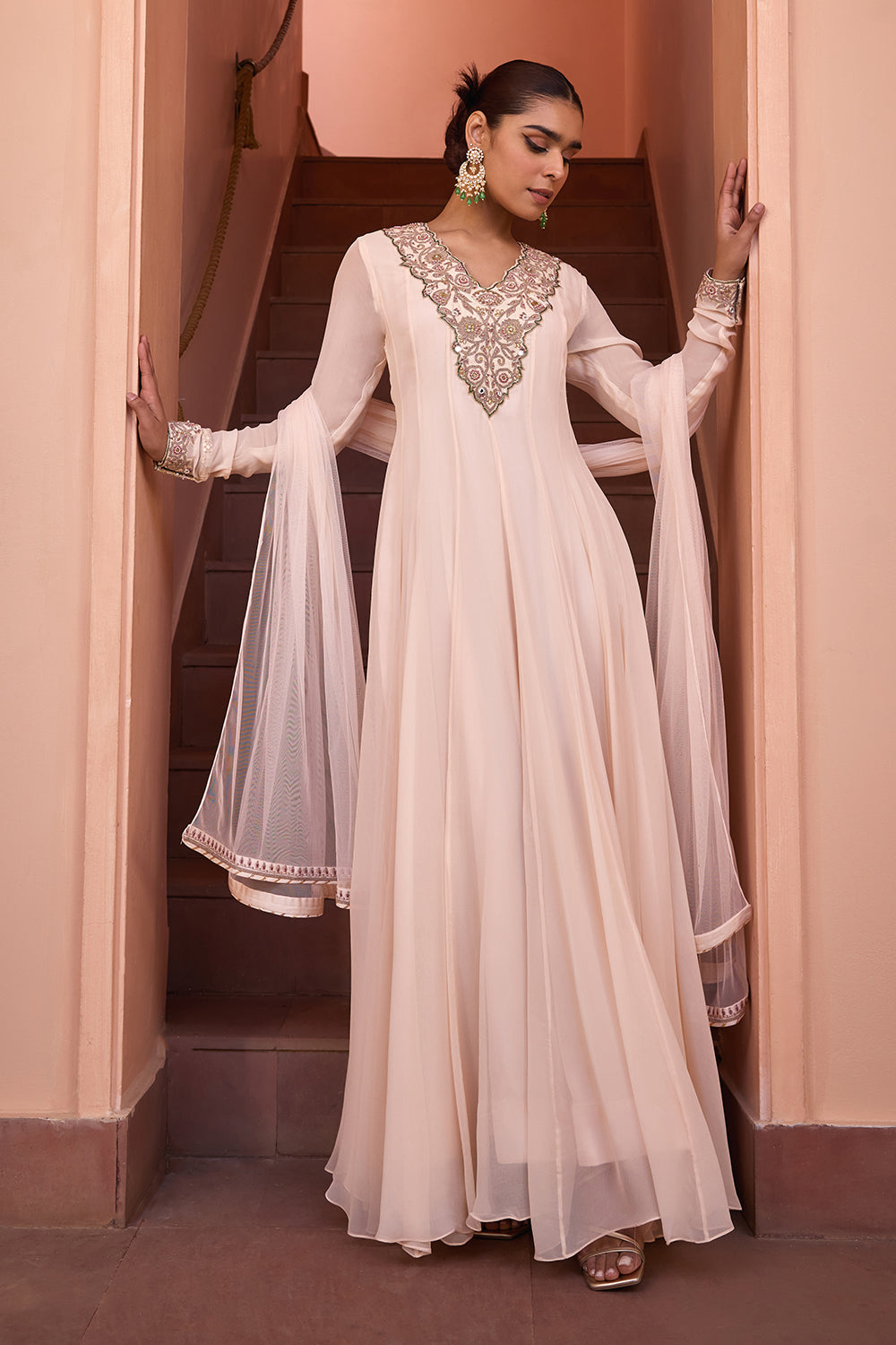 White embroidered anarakali gown with dupatta