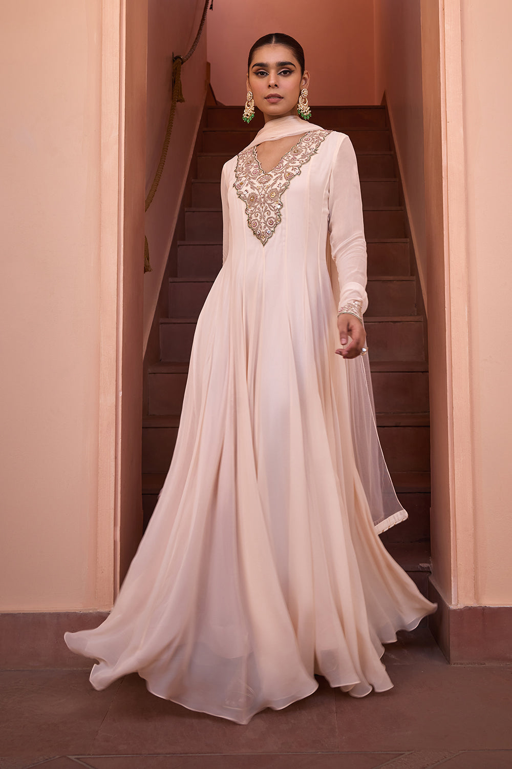 White embroidered anarakali gown with dupatta