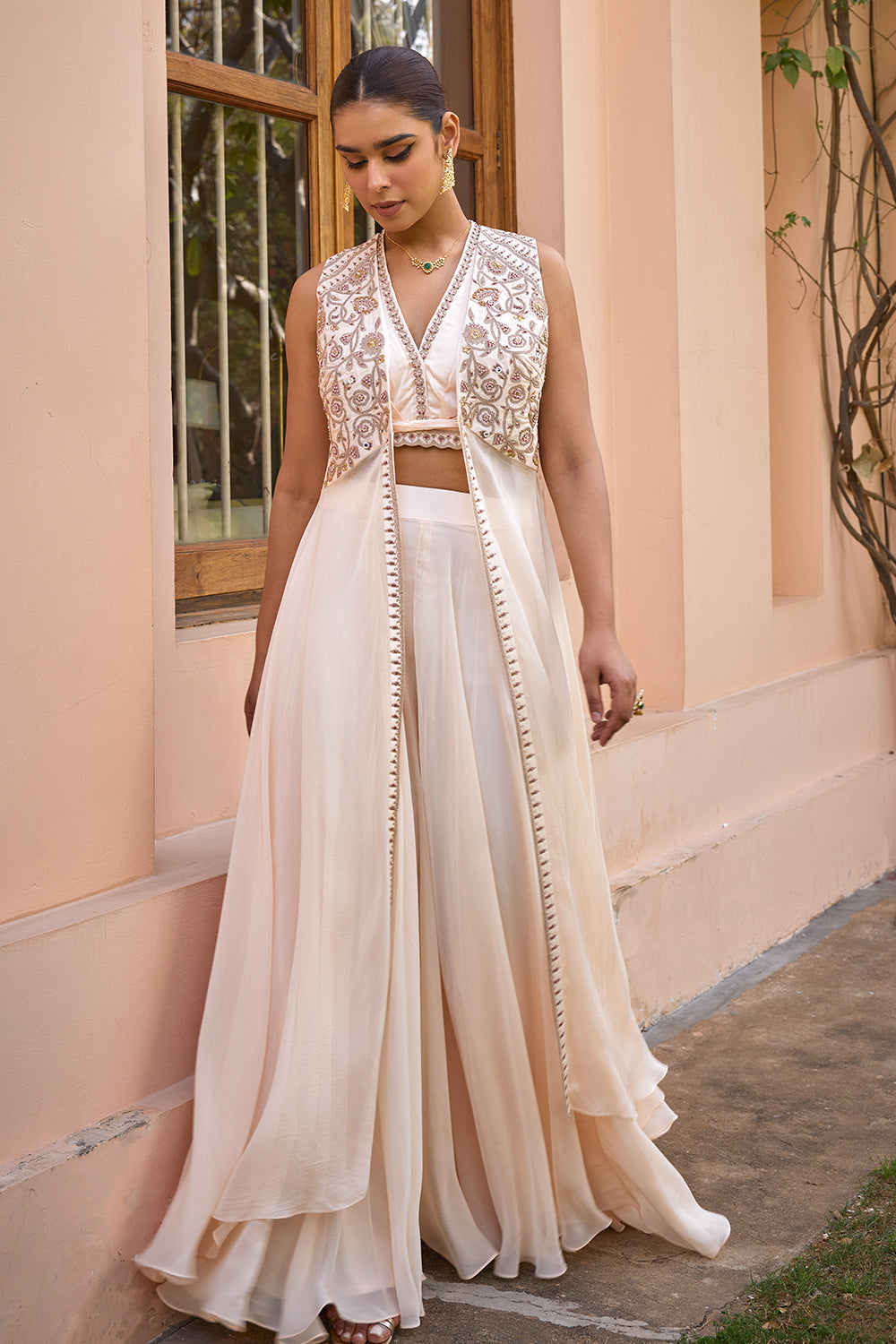 White embroidered cape and sharara set with drape blouse
