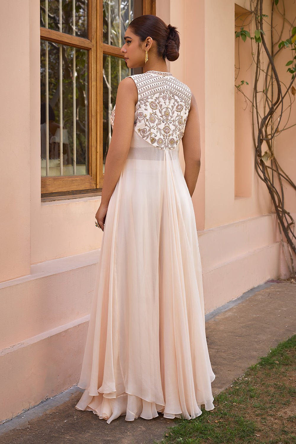 White embroidered cape and sharara set with drape blouse