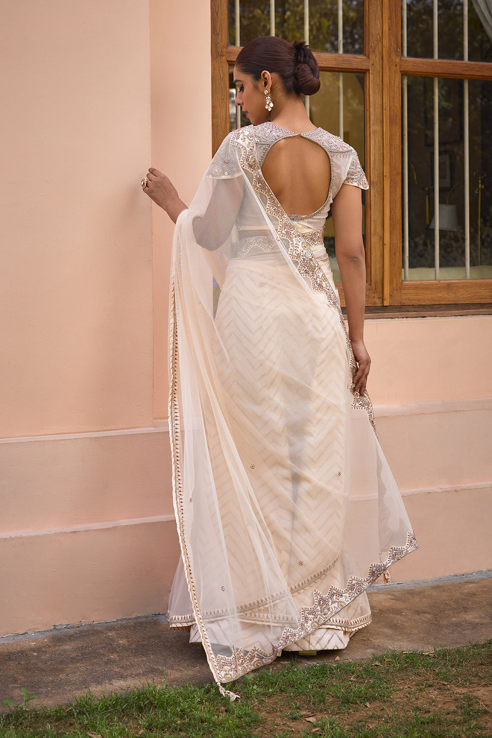 White embroidered saree set