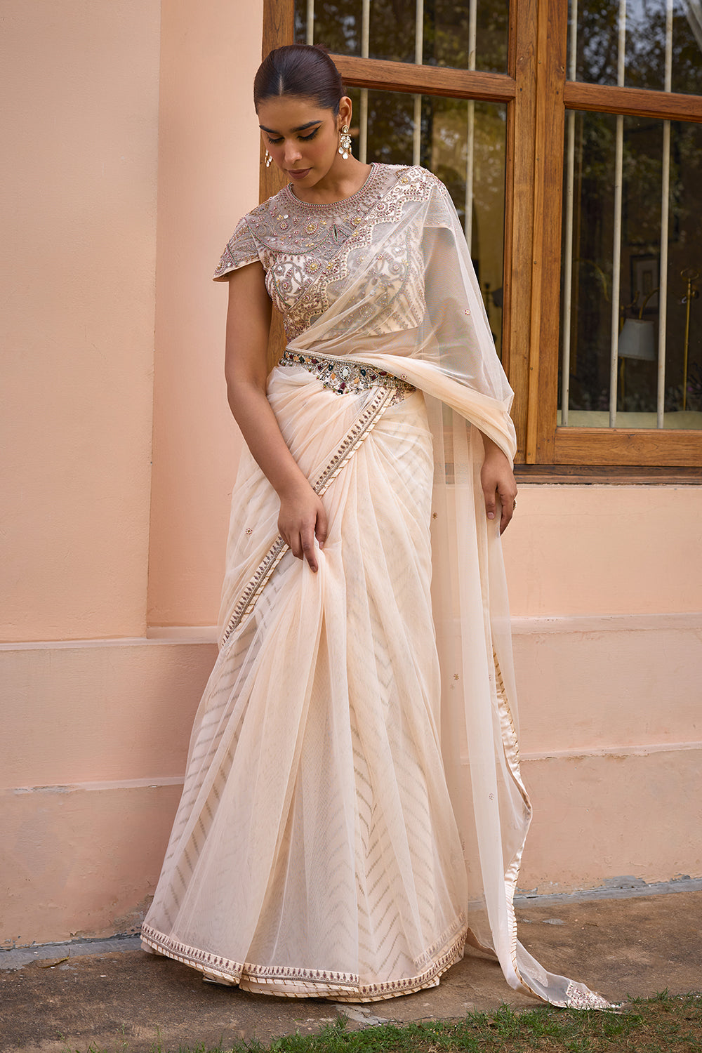 White embroidered saree set