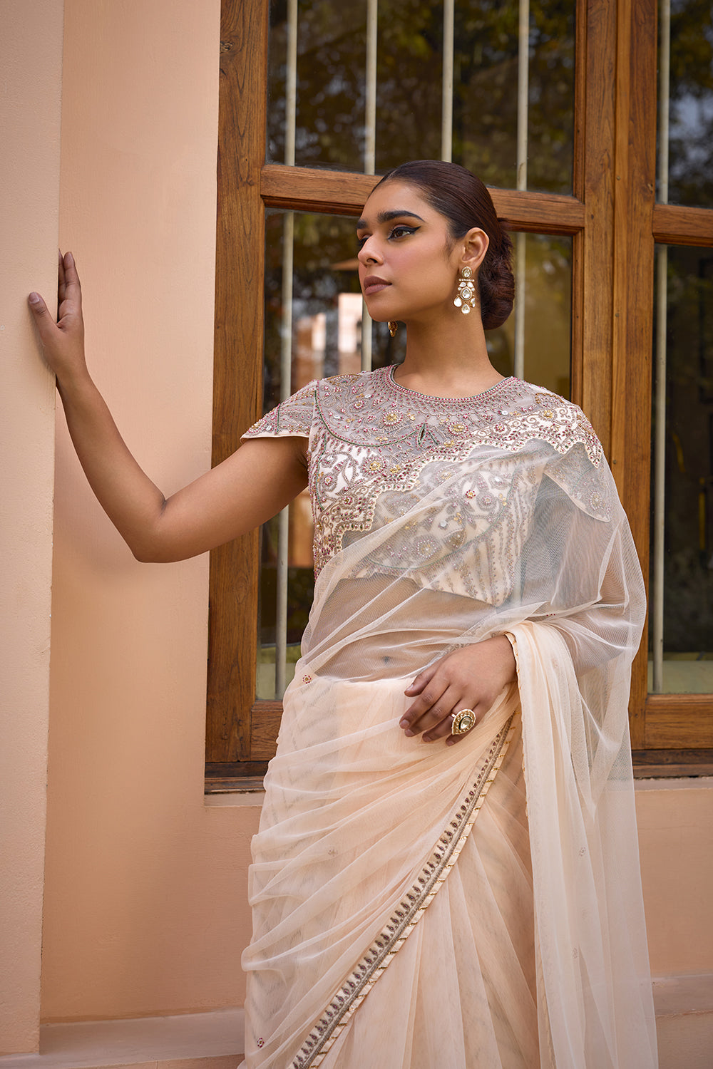 White embroidered saree set