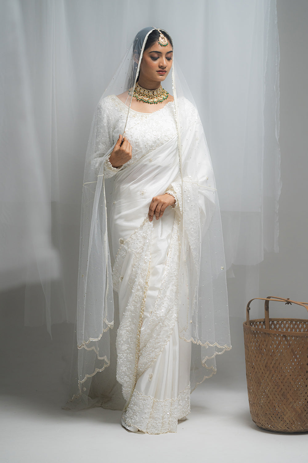 White Habutai Silk Saree with Embellished Net Blouse