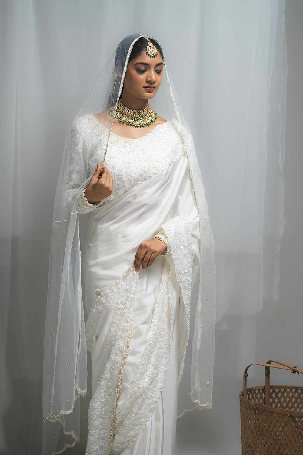 White Habutai Silk Saree with Embellished Net Blouse
