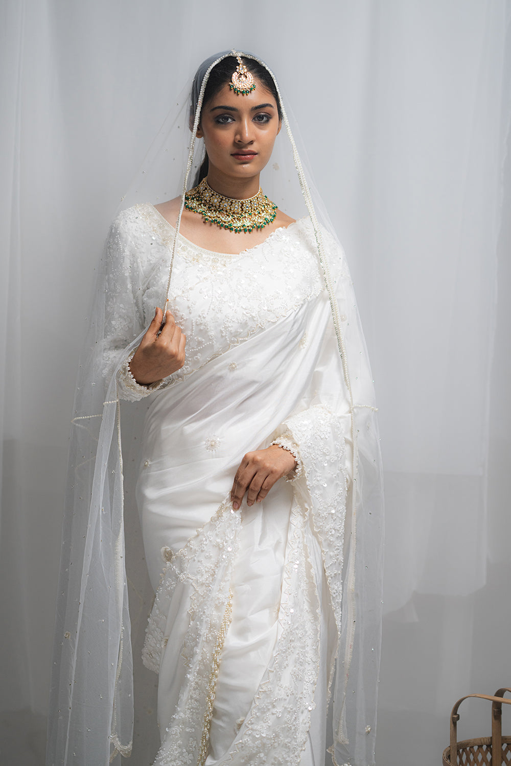 White Habutai Silk Saree with Embellished Net Blouse