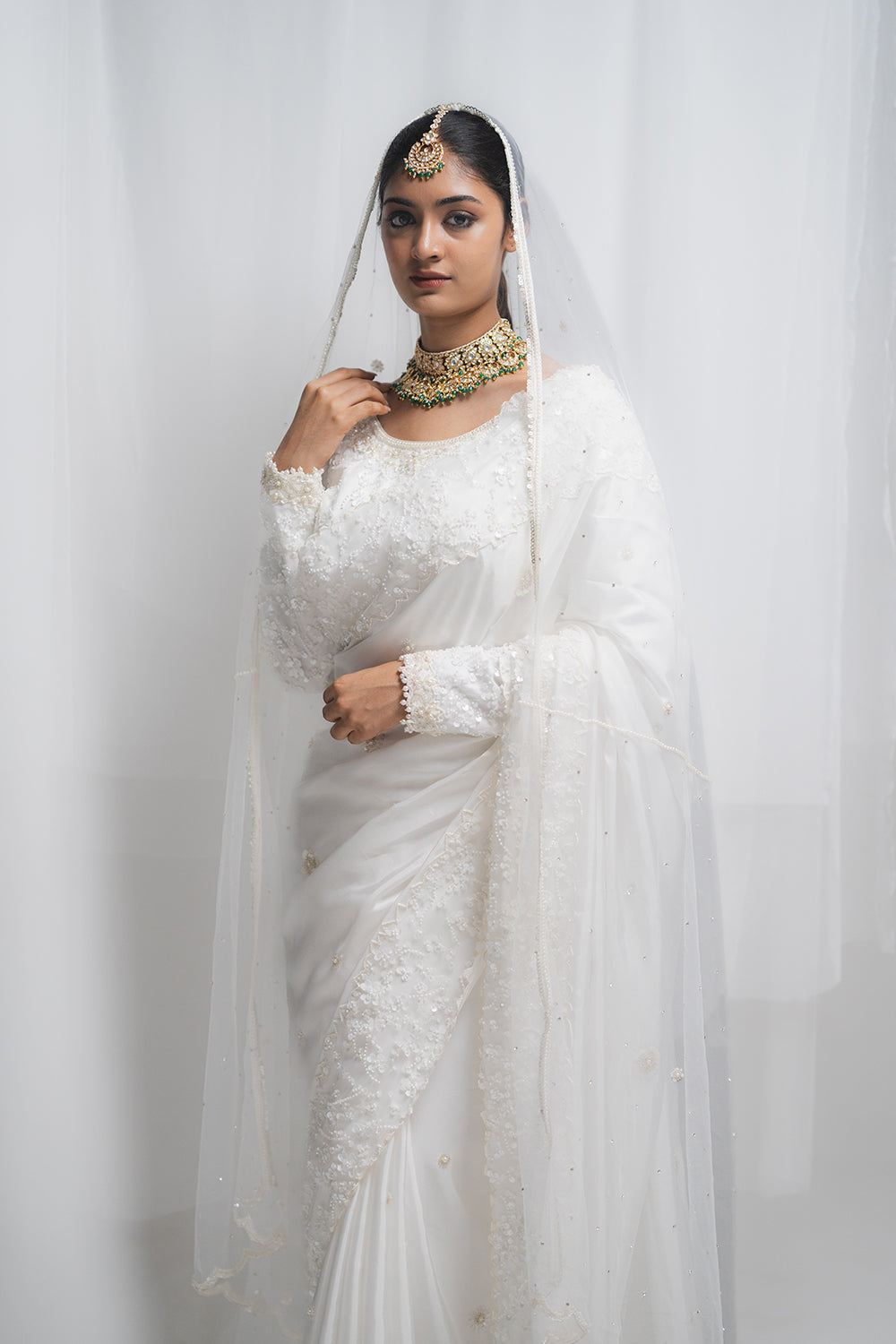 White Habutai Silk Saree with Embellished Net Blouse