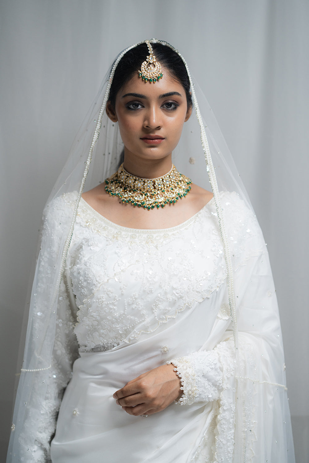 White Habutai Silk Saree with Embellished Net Blouse