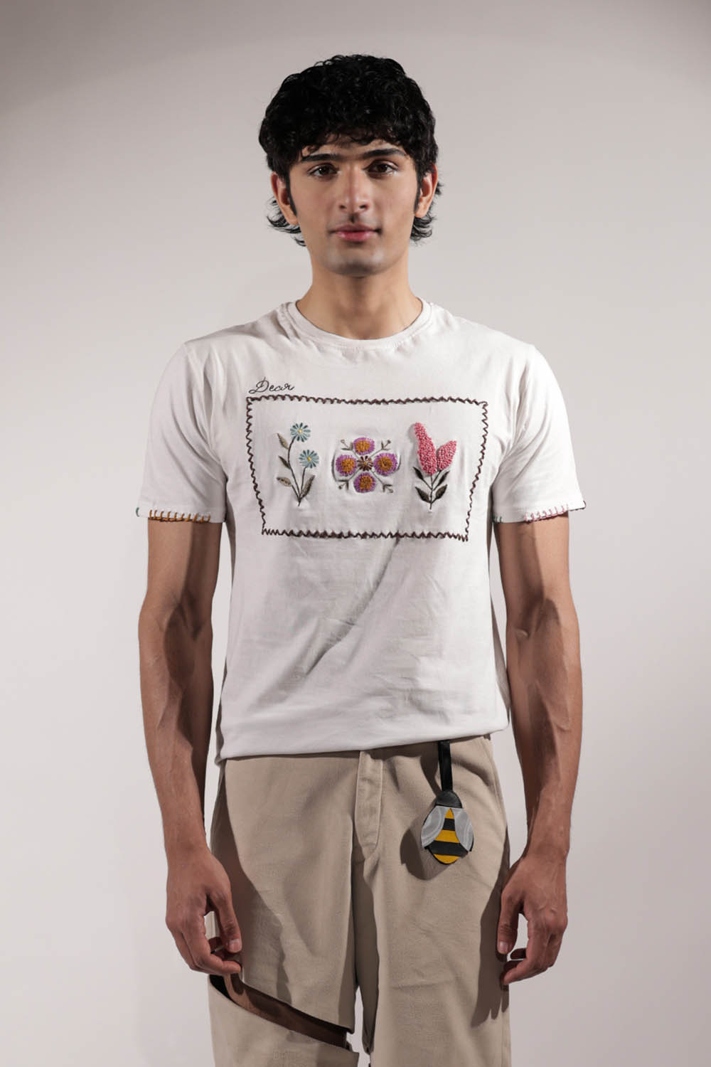 White T-shirt with Stamp-inspired Floral Embroidery