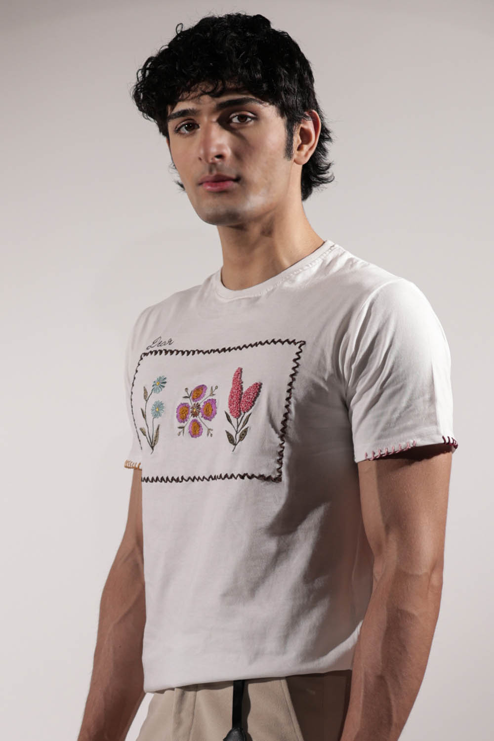 White T-shirt with Stamp-inspired Floral Embroidery