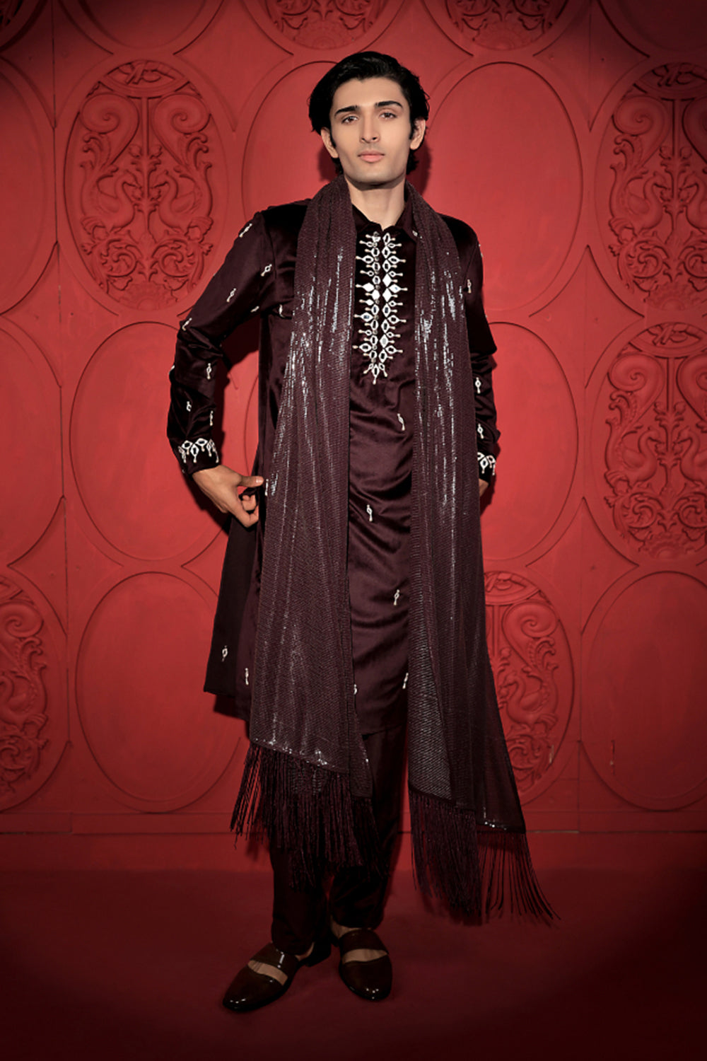 Wine and White Mirror Work Kurta Set