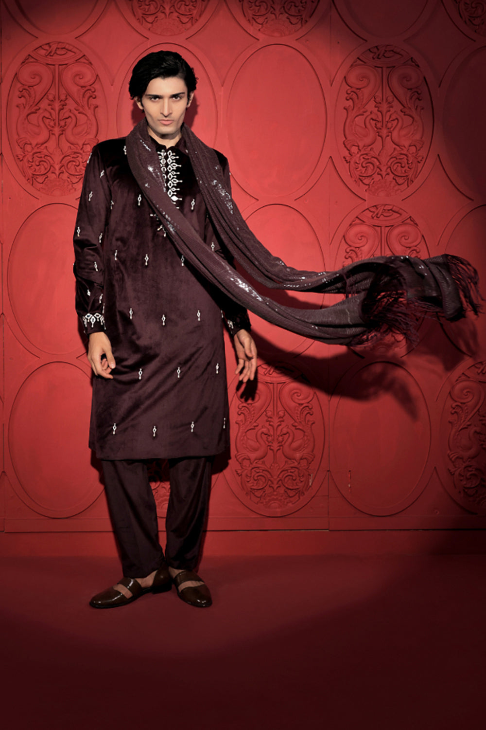 Wine and White Mirror Work Kurta Set