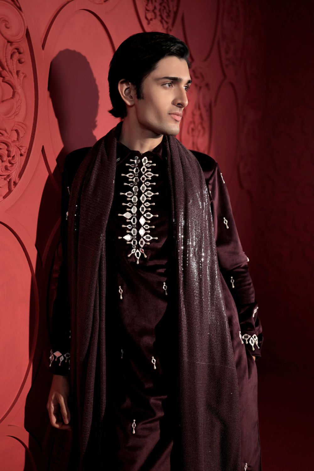 Wine and White Mirror Work Kurta Set