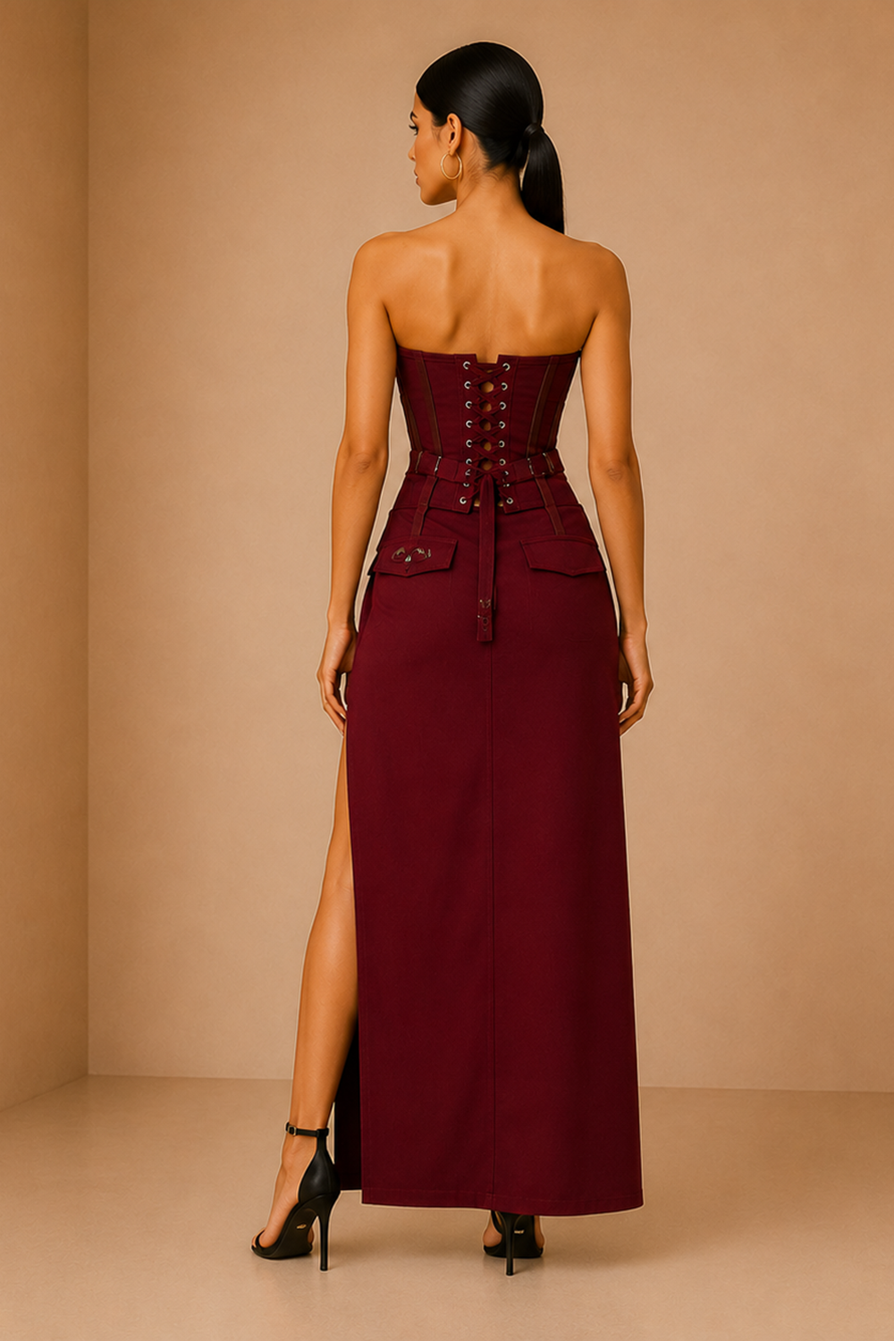 Wine Berry Corset Top & Thigh-High Slit Skirt Co-Ord Set
