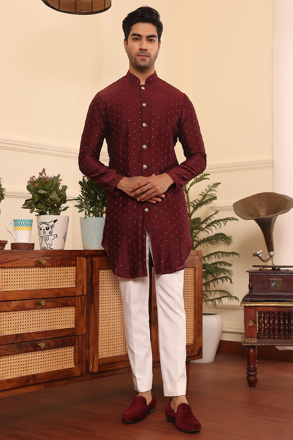 Wine colour embroidered silk Kurta pants