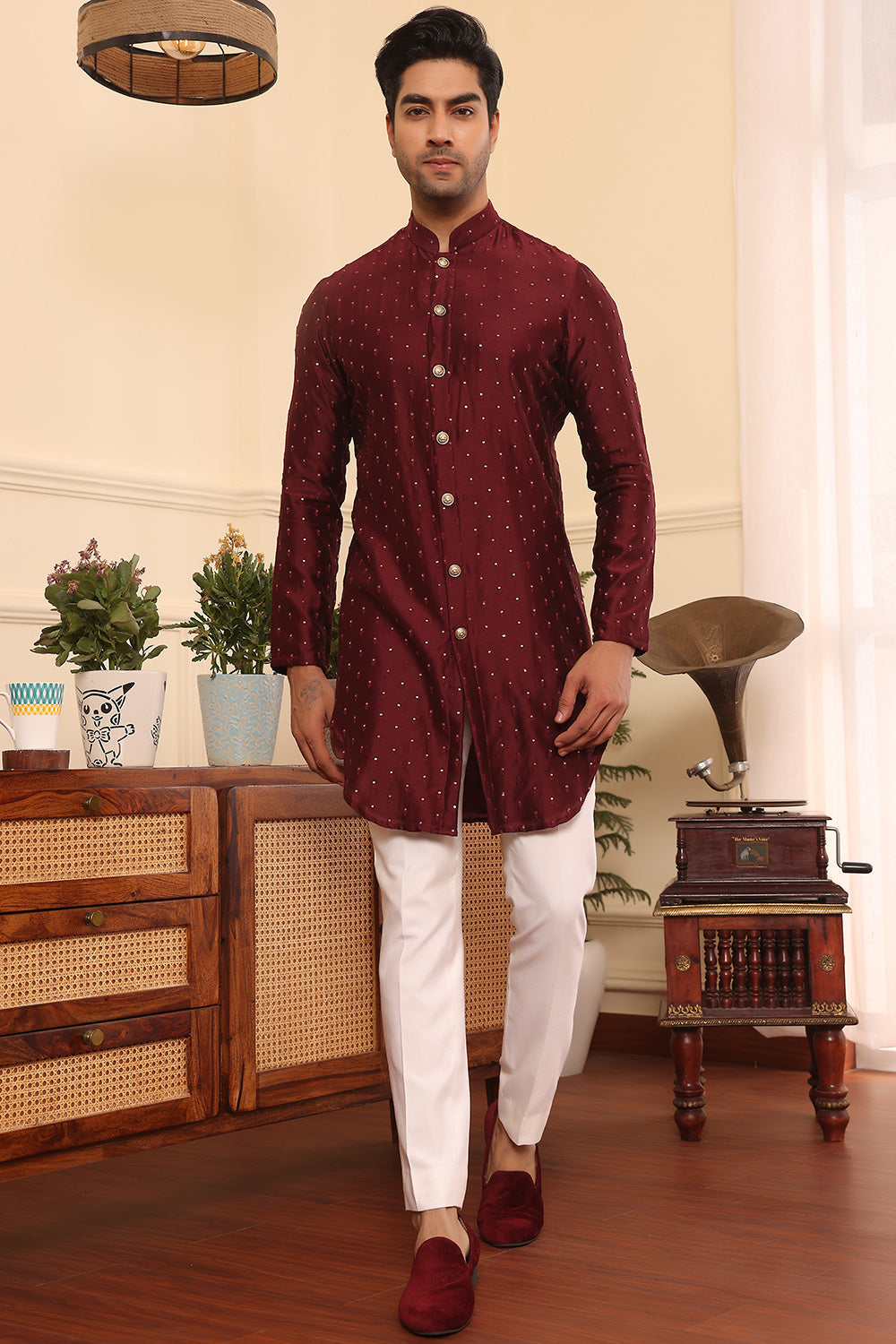 Wine colour embroidered silk Kurta pants