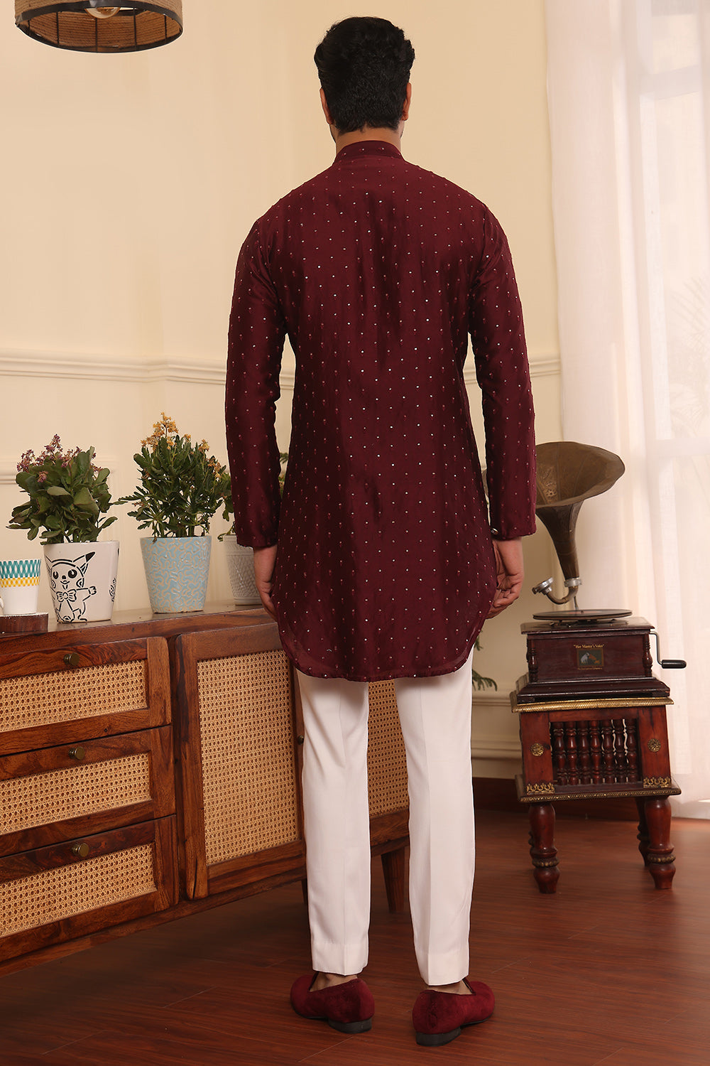 Wine colour embroidered silk Kurta pants