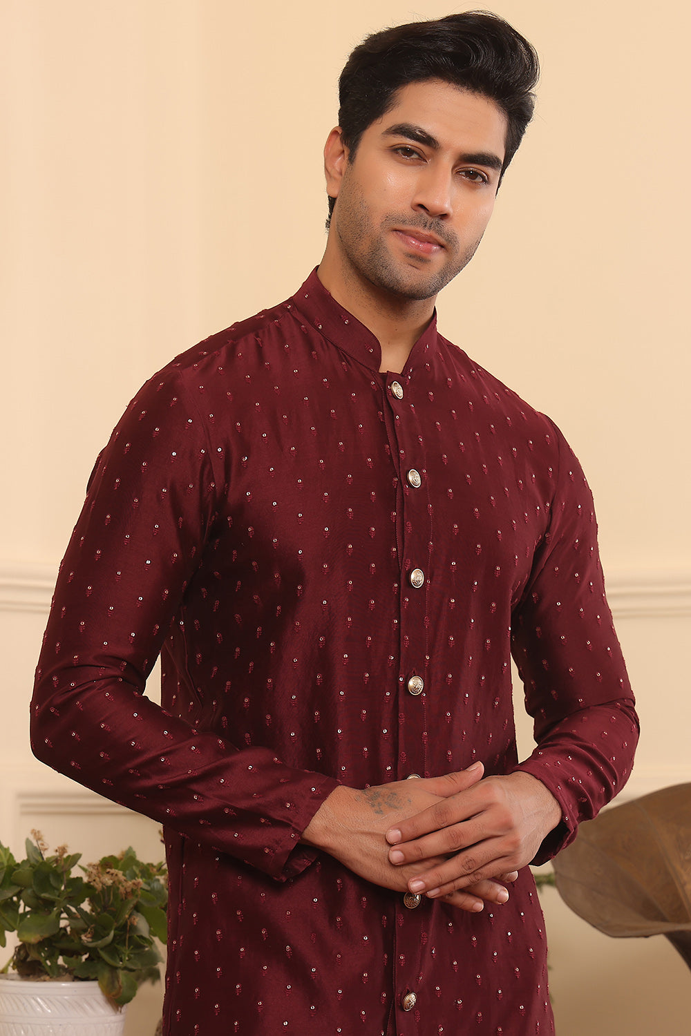 Wine colour embroidered silk Kurta pants