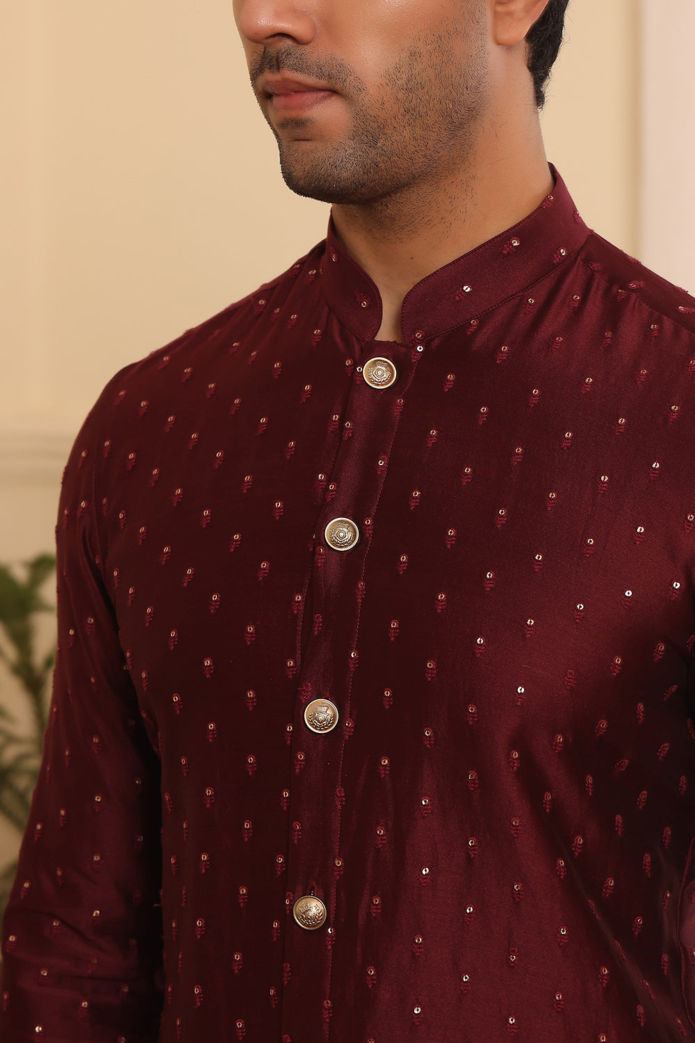 Wine colour embroidered silk Kurta pants