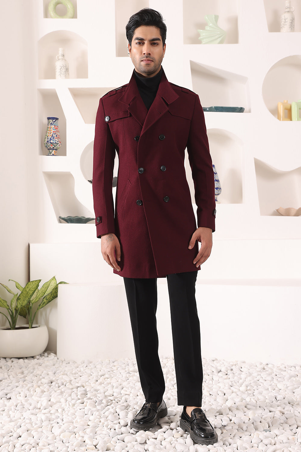 Wine Double Breast Overcoat