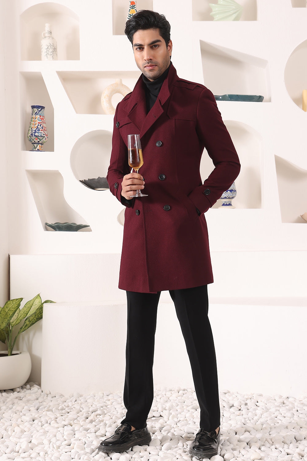 Wine Double Breast Overcoat
