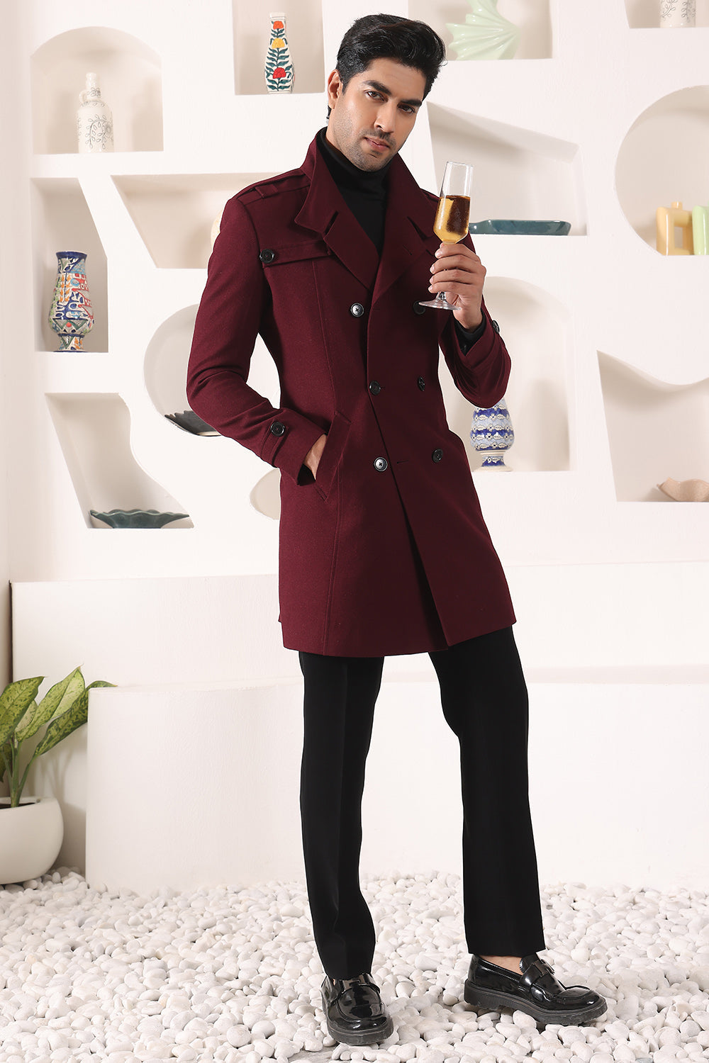 Wine Double Breast Overcoat