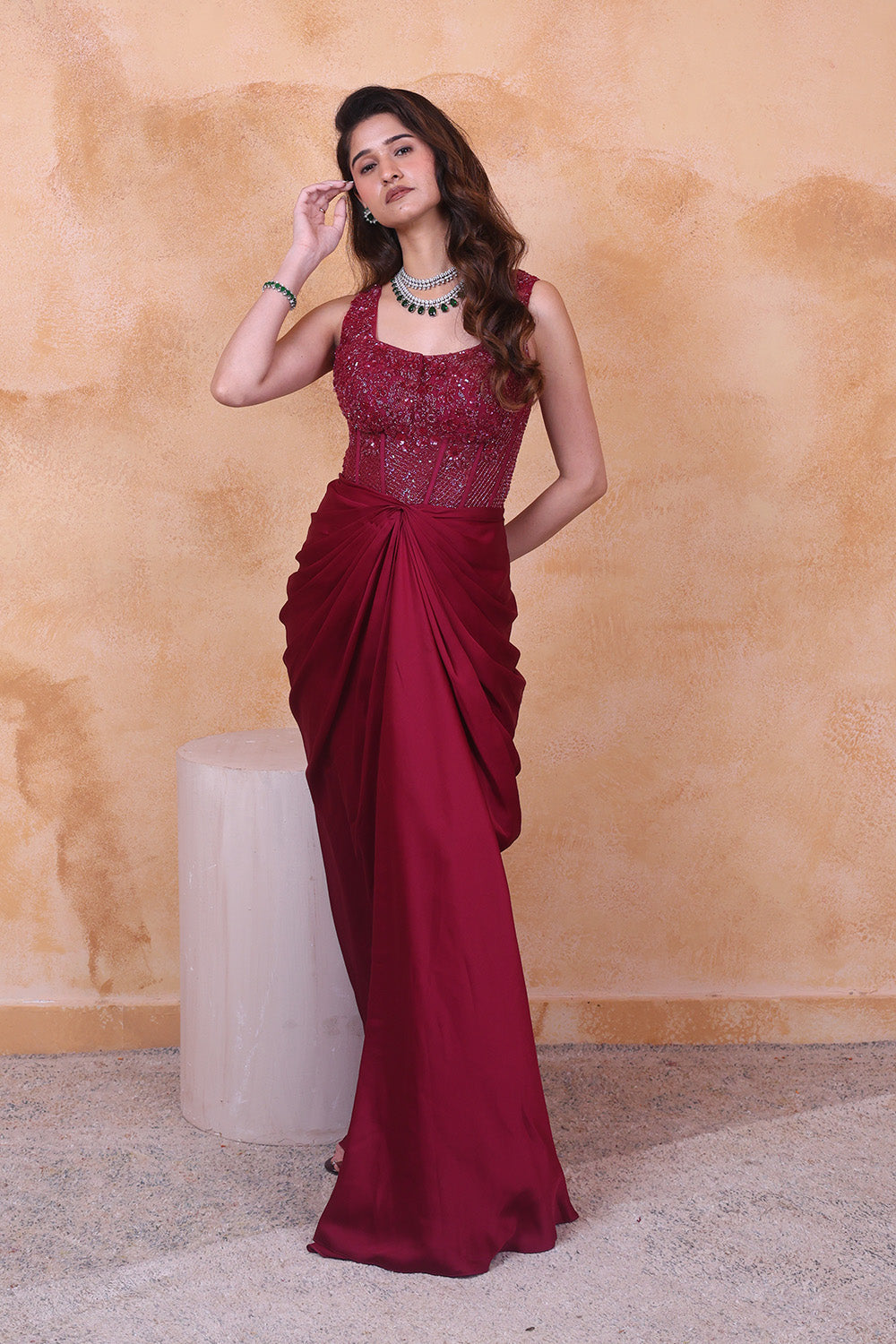 Wine Draped Skirt and Corset Net Blouse Set