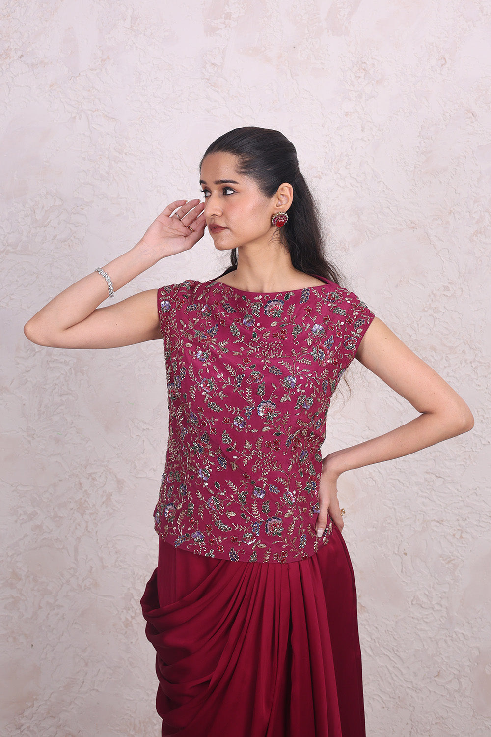Wine Draped Skirt and Crepe Blouse Set