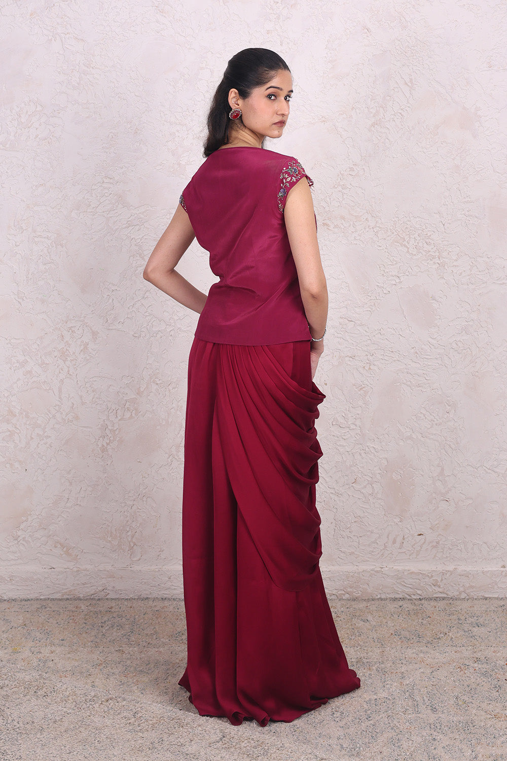 Wine Draped Skirt and Crepe Blouse Set