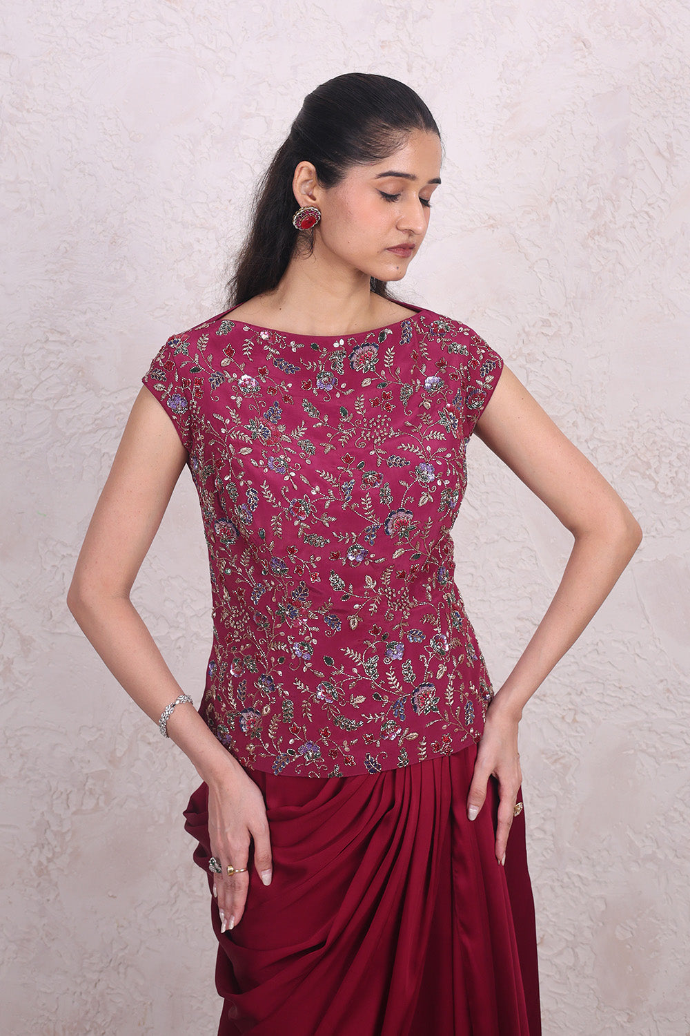 Wine Draped Skirt and Crepe Blouse Set