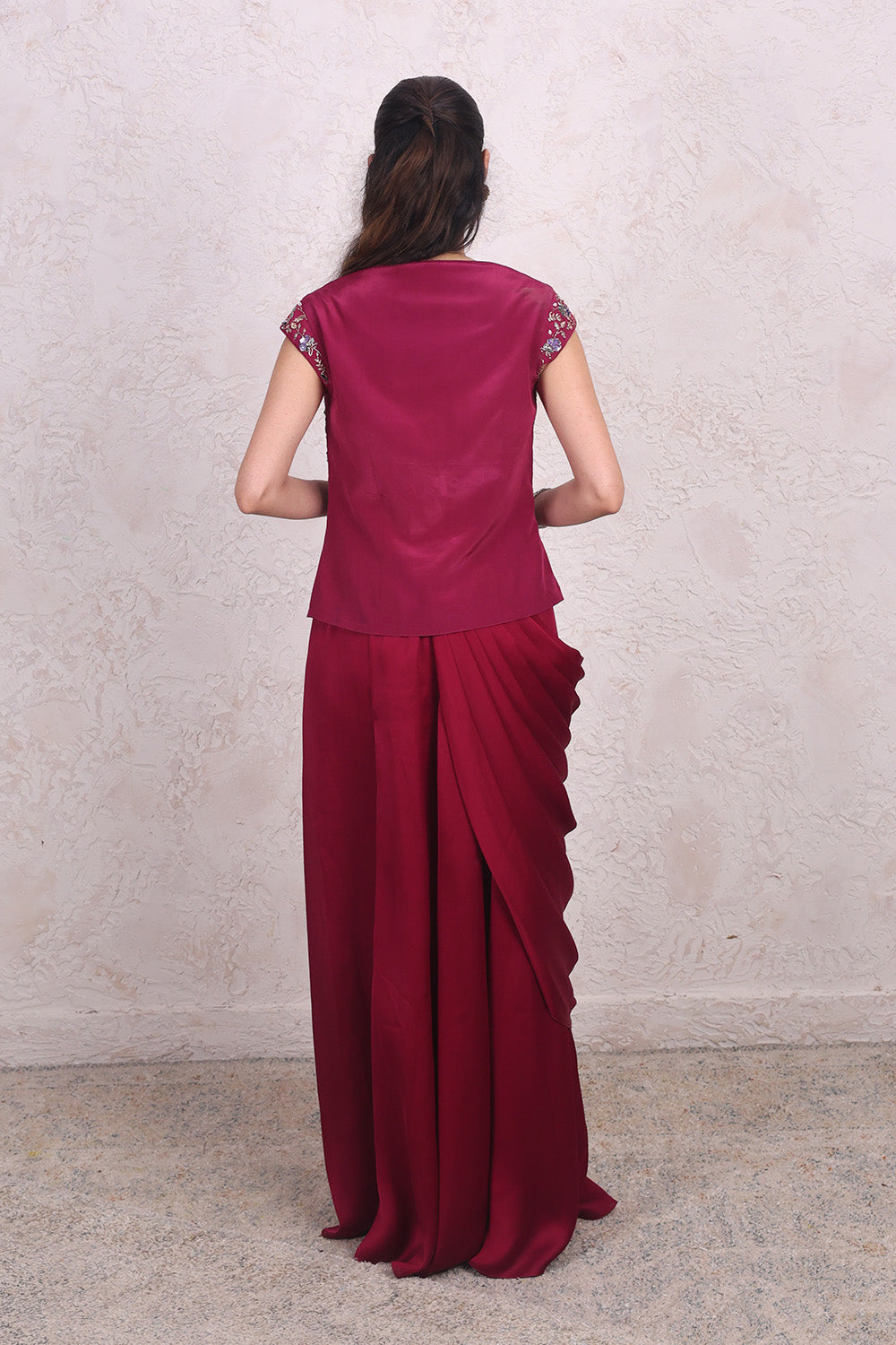 Wine Draped Skirt and Crepe Blouse Set