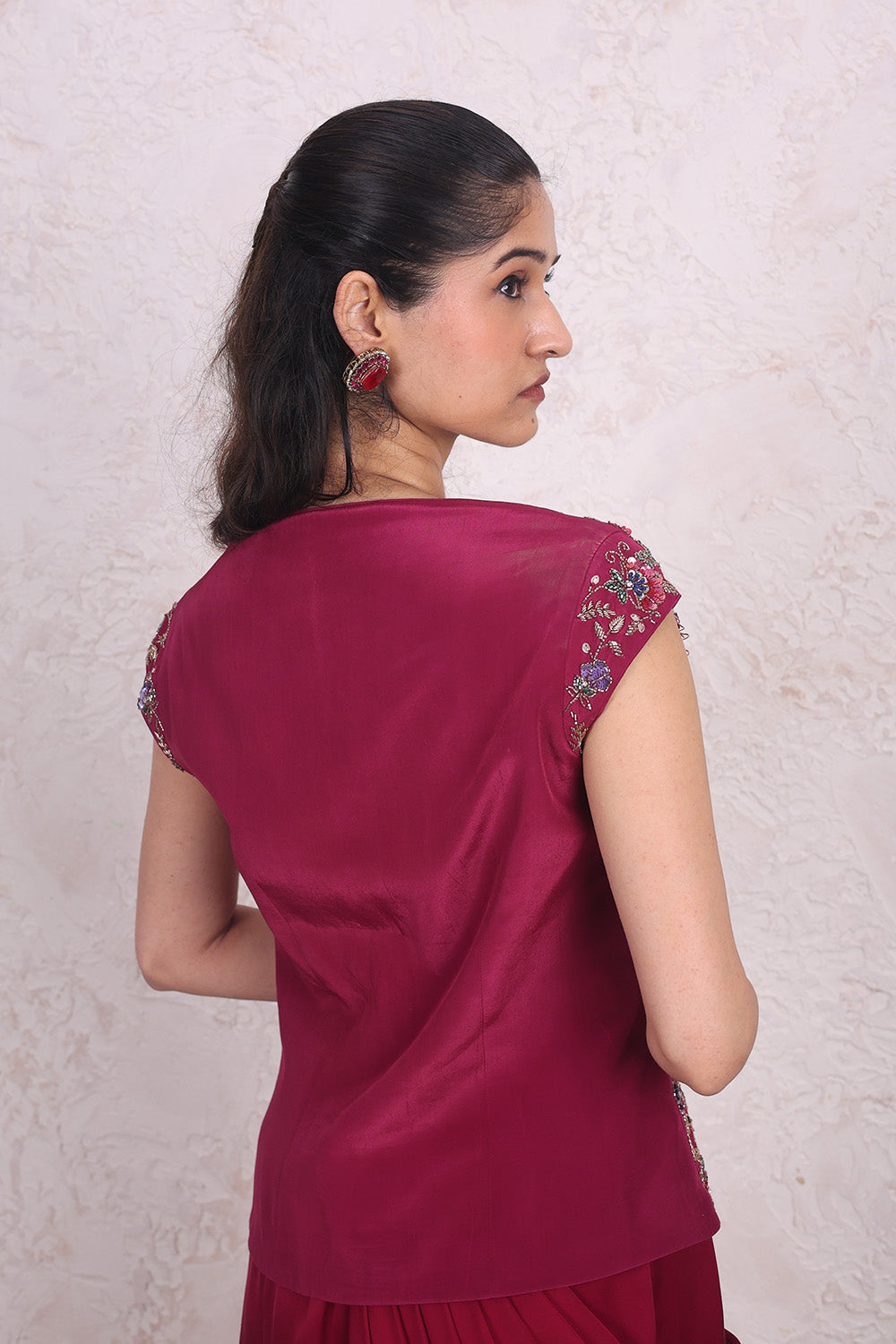 Wine Draped Skirt and Crepe Blouse Set