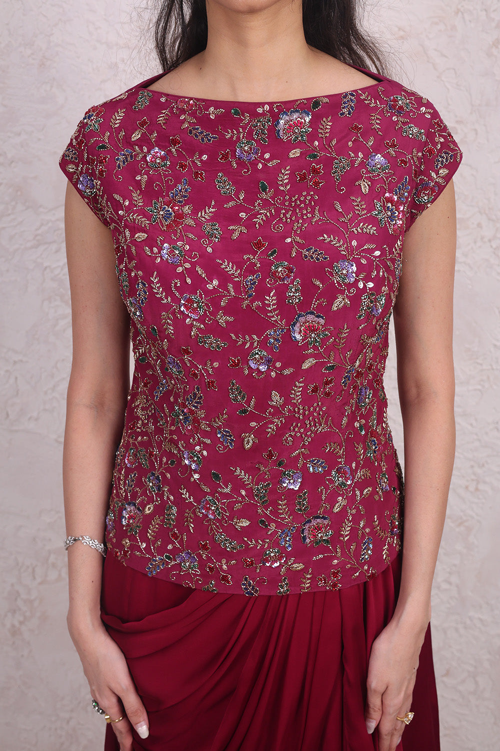 Wine Draped Skirt and Crepe Blouse Set