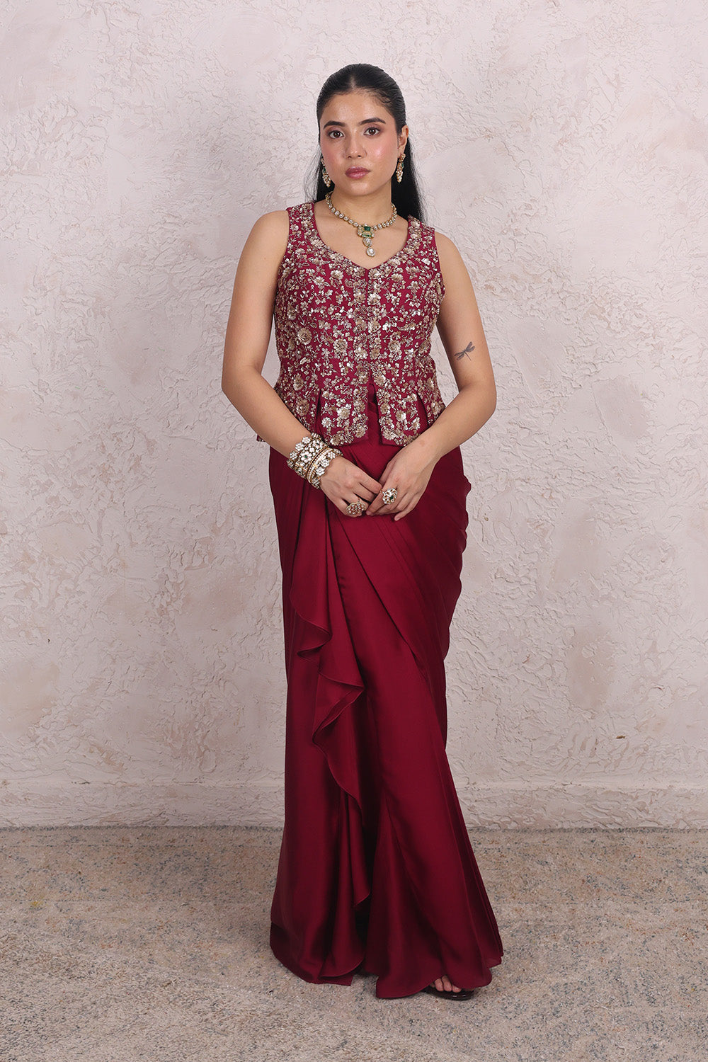 Wine Draped Skirt and Embellished Blouse Set