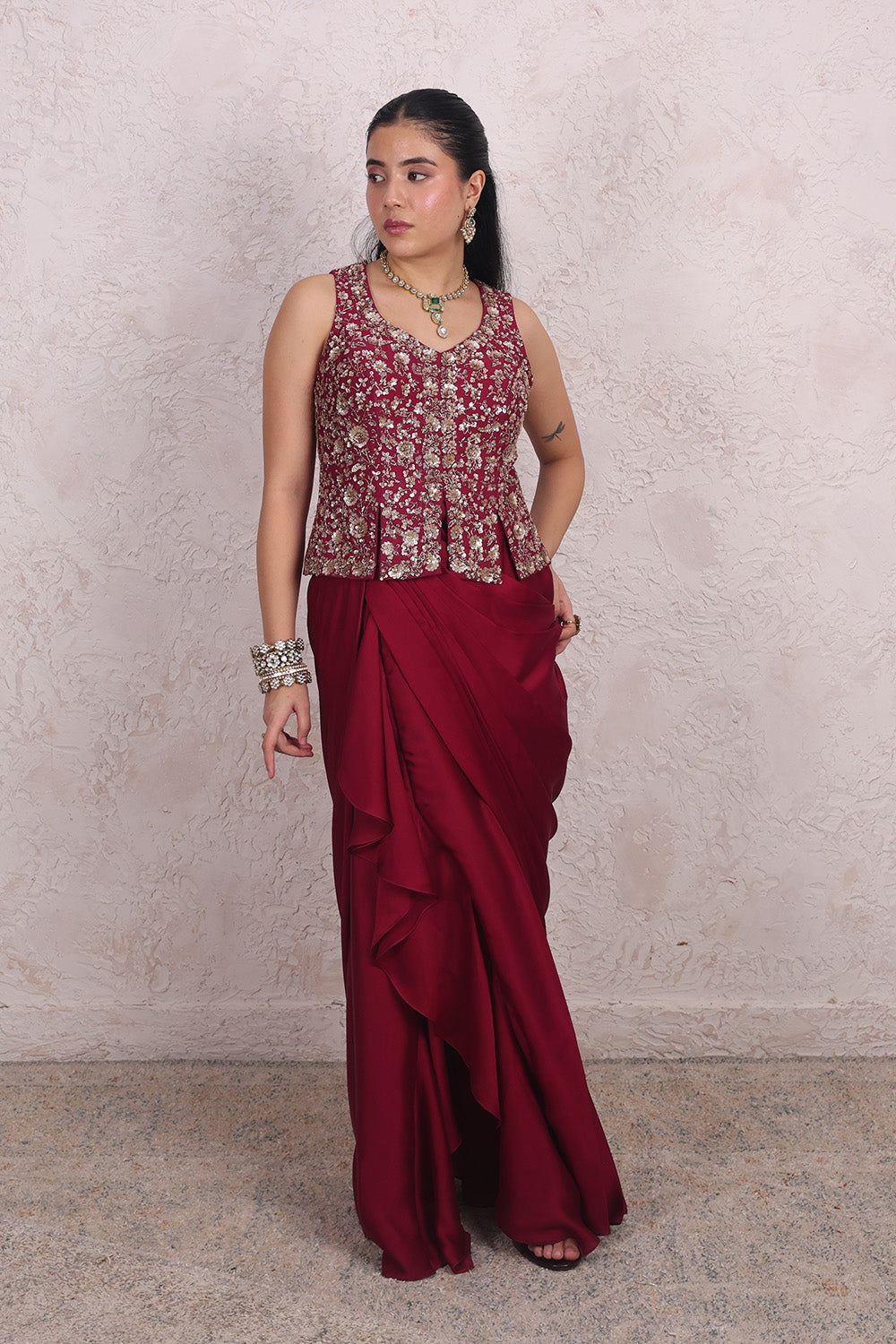 Wine Draped Skirt and Embellished Blouse Set
