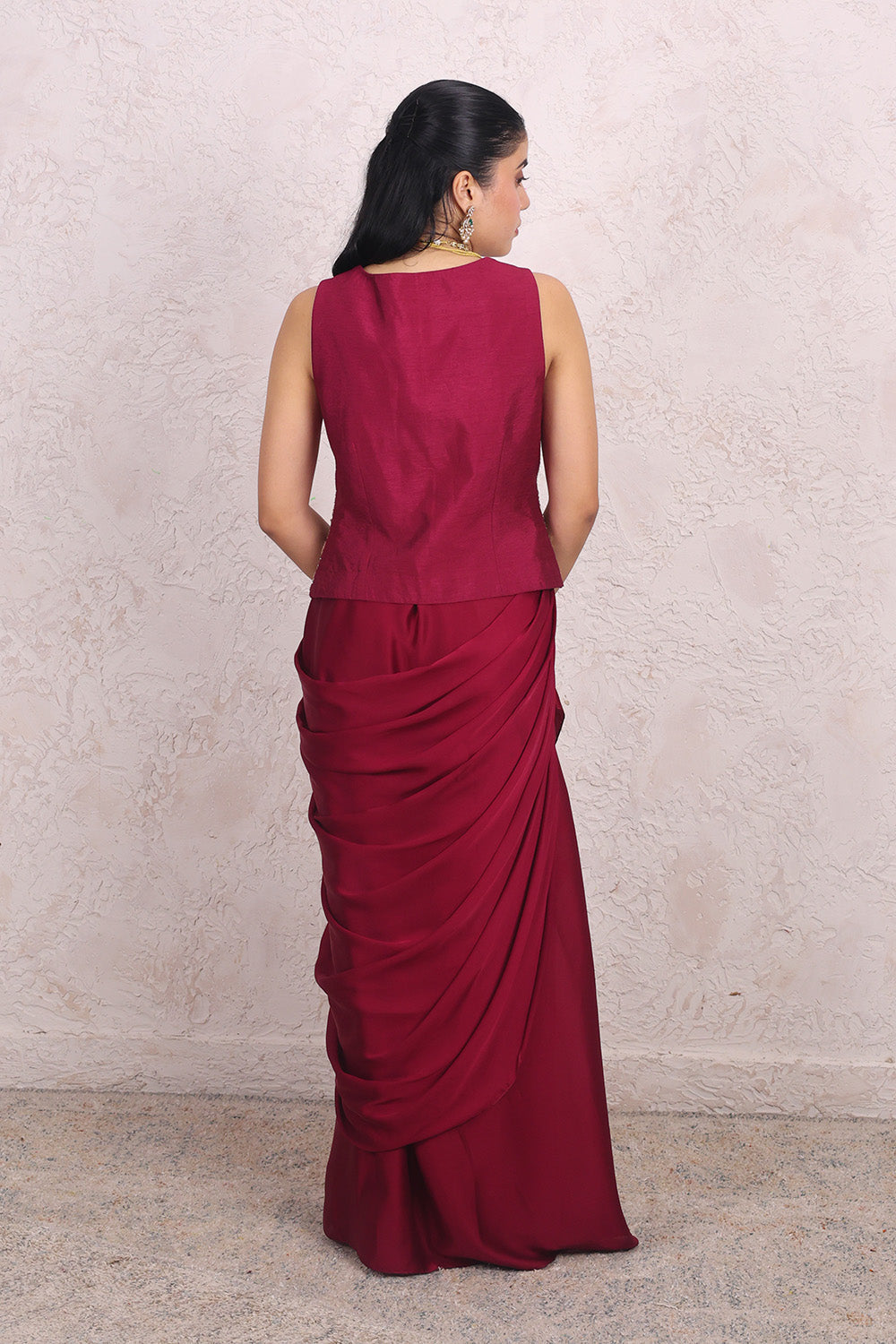 Wine Draped Skirt and Embellished Blouse Set