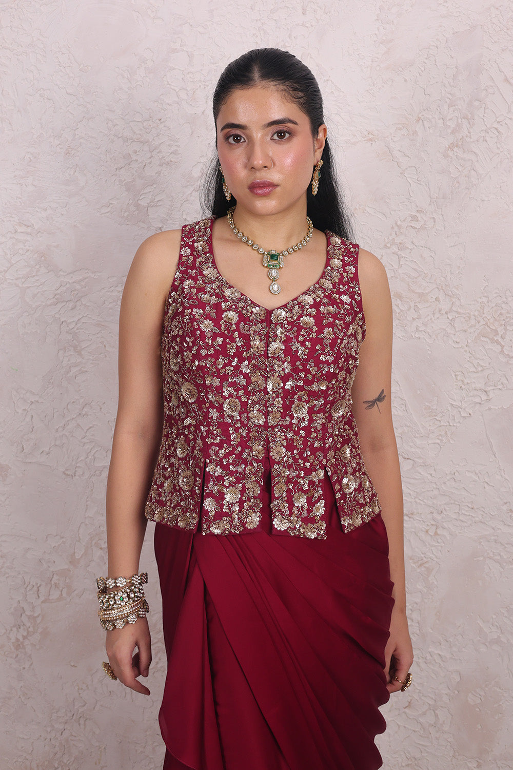 Wine Draped Skirt and Embellished Blouse Set