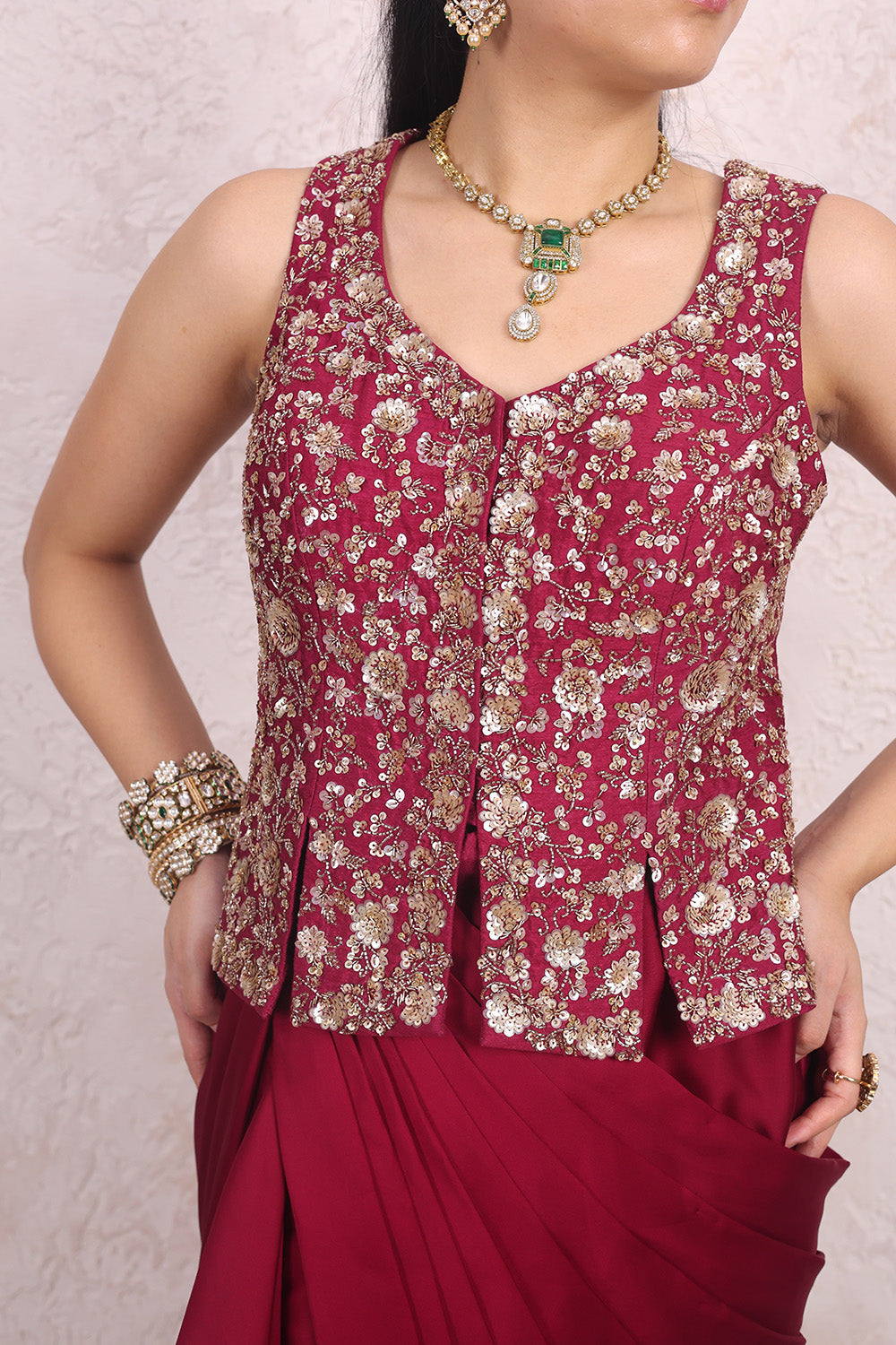 Wine Draped Skirt and Embellished Blouse Set
